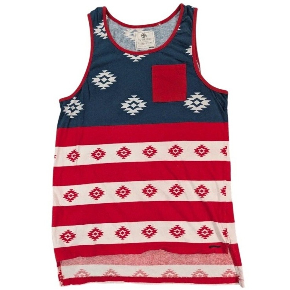 On The Byas~Men's Tank Top Size Medium ~ Patriotic Aztec Striped Graphic Pocket